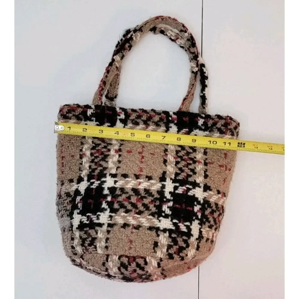 Branigan Weavers Ireland Woven Wool Tote Tan Black Red White Tartan Plaid Bag